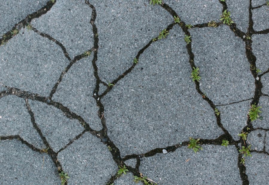 Close view of alligator cracked pavement with weeds pushing up through the web of cracks